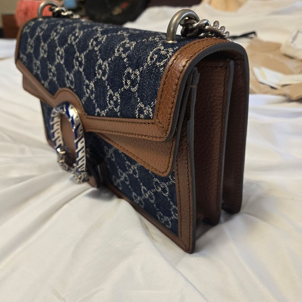 GUCCI Dionysus GG Denim Shoulder Bag Blue Brown Shoulder Chain - Picture 4 of 16